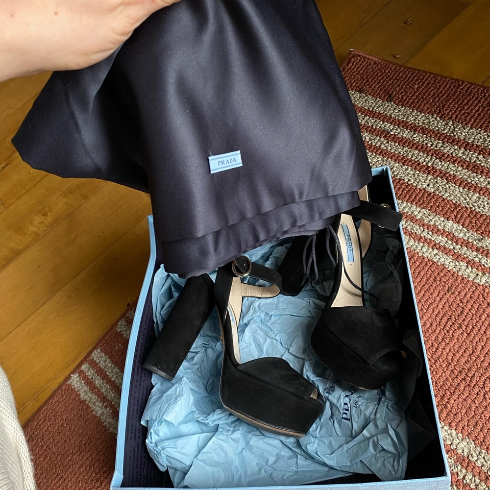 Prada Black Suede Platform Ankle Strap Heels